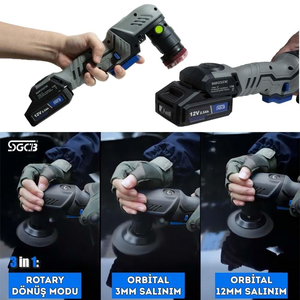 SGCB Kablosuz Şarjlı Rotary/Orbital Mini Nano Polisaj Makinesi Seti 12V – 65 Parça Fırçasız Motor