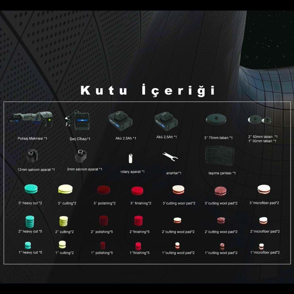 SGCB Kablosuz Şarjlı Rotary/Orbital Mini Nano Polisaj Makinesi Seti 12V – 65 Parça Fırçasız Motor